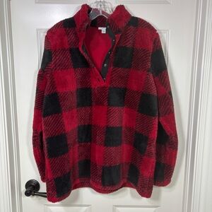 J. Jill Fit Plush Sherpa Pullover Women’s M Red Black Plaid